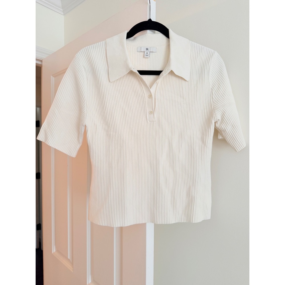 Banana Republic Ribbed Knit Polo Sweater Short Sleeve Ivory Off White Medium